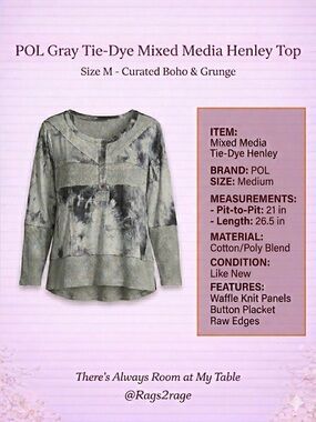 POL Gray Tie-Dye Patchwork Henley Top - Small Like New Bohemian